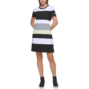 DKNY JEANS Tshirt Dress Small Black White Yellow Knit Striped Short Sleeve NWT